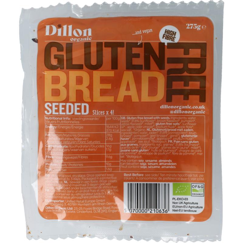 Dillon Organic Sliced Bread Seeded Glutenvrij Bio Demeter