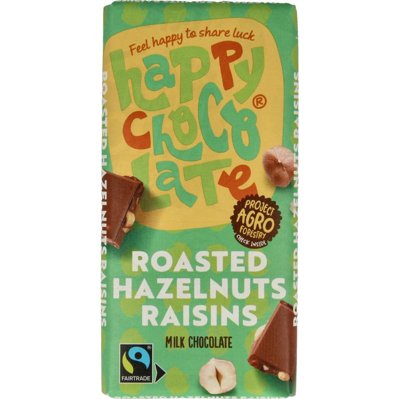 Happy Chocolate Melk Geroosterde Hazelnoot Rozijn Bio