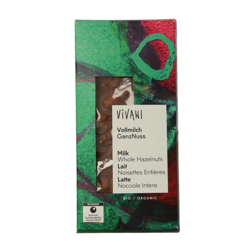 Vivani Chocolade Melk Met Hele Hazelnoten Bio