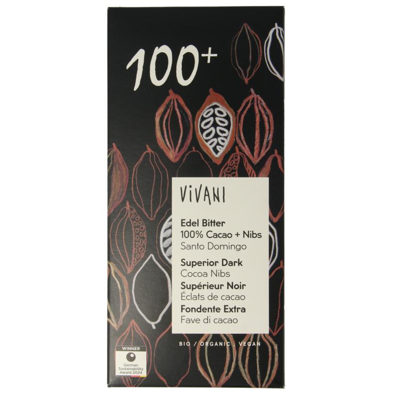 Vivani Chocolade Puur 100% + Cacao Nibs Bio