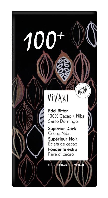 Vivani Chocolade Puur Superieur 100% + Cacao Nibs Bio